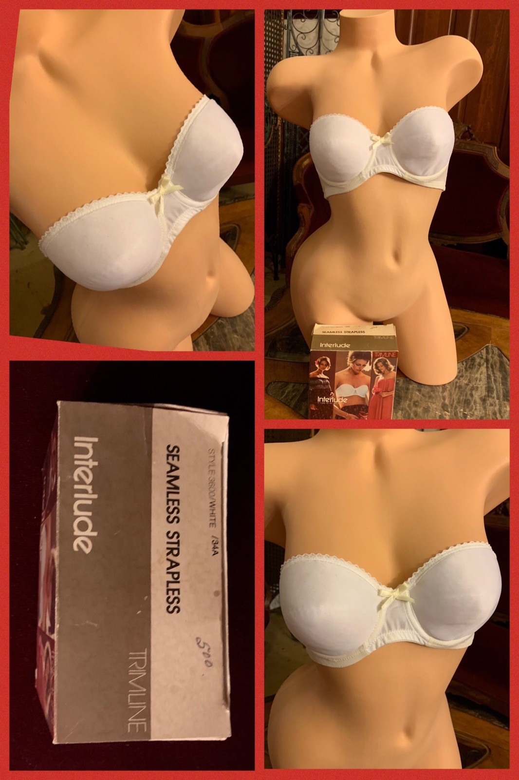 Vintage Strapless Bra White Underwire Seamless Nylon Lycra Spandex 1970s NEW 34A