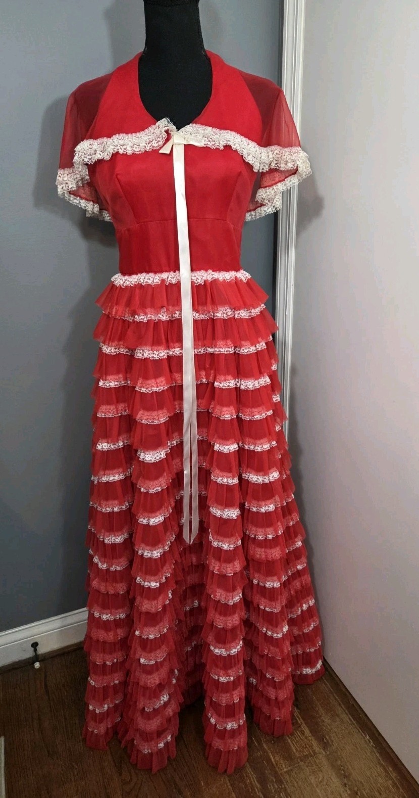 Vtg 50&rsquo;s Nadine Cupcake Gown Prom Red White Ruffled Tiered Dress Lace Sz 9