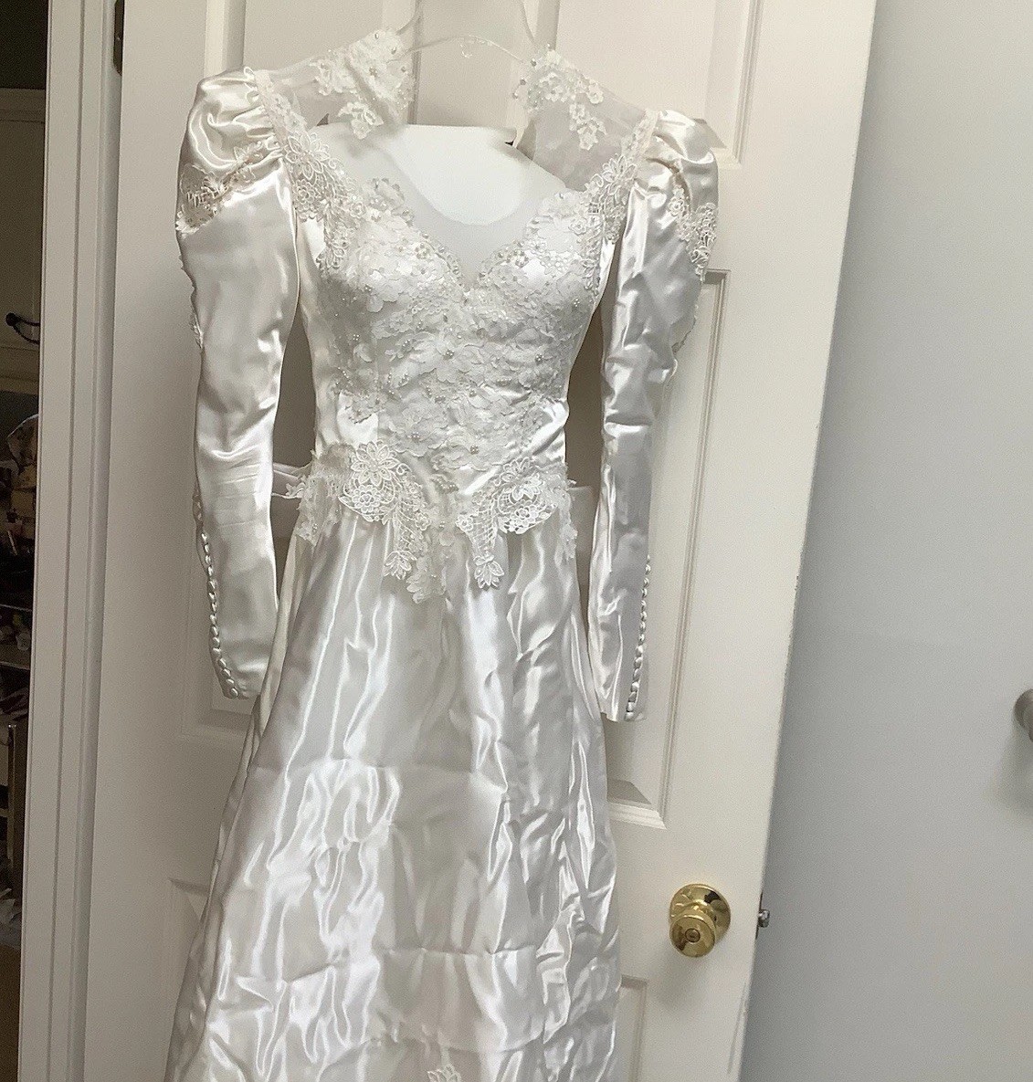 Vintage 1980s White Puff Princess Sleeve Wedding Dress Satin Type W/ Lace & Bead