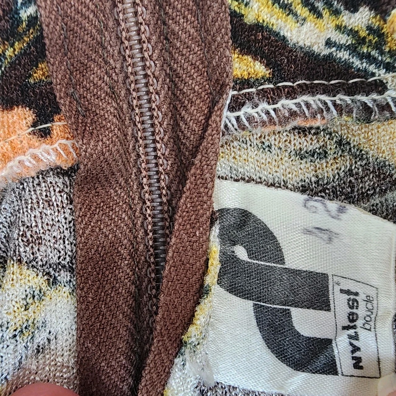 Vintage NYLTest Boucle Mock Neck Pullover Top Women&rsquo;s Brown Floral 1970s Germany