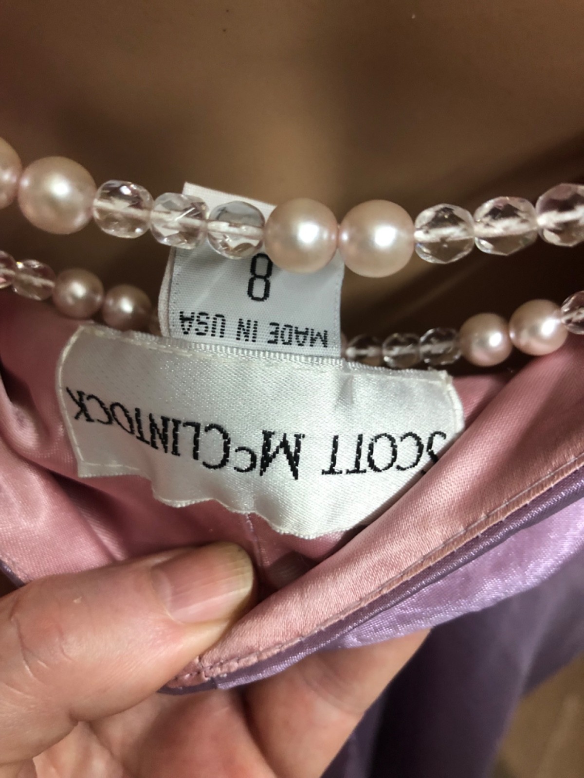 Vtg 90s Scott McClintock Beaded Low Back Gown 8 Purple Chiffon Pink Satin Slip