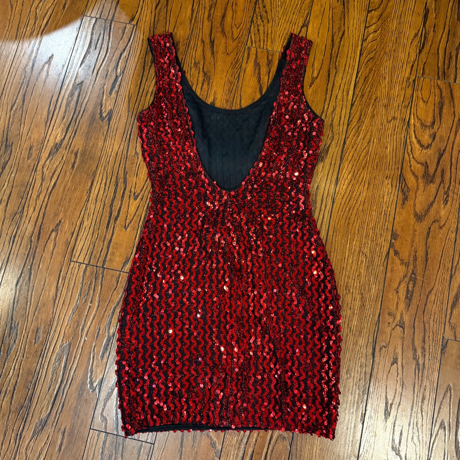 Vintage 80’s RED SEQUIN BODYCON MINI DRESS S Party Prom Disco Slip Wiggle Sexy