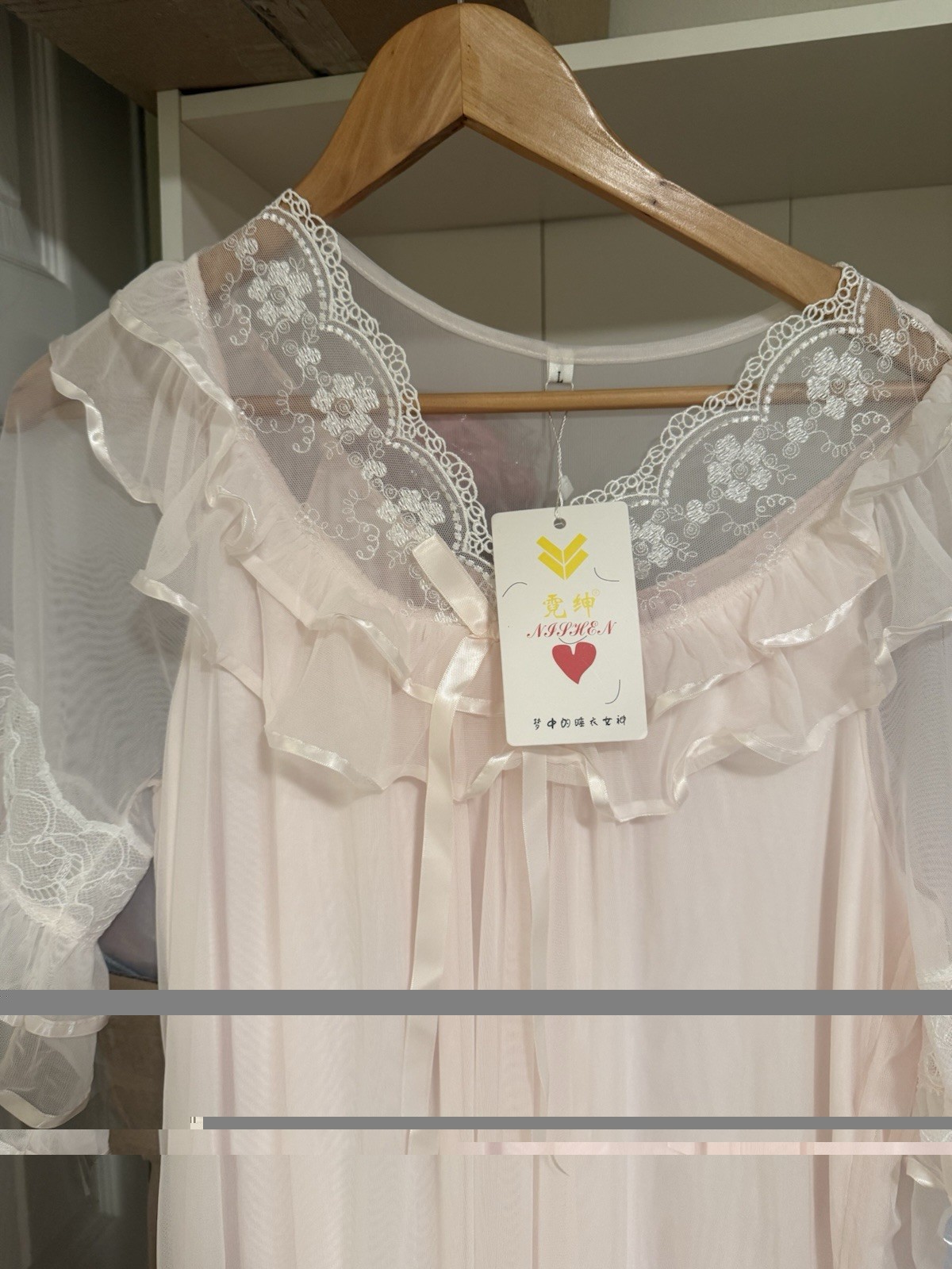 E9 Vintage Sheer Ruffle Nightgown Lace Trim Midi Dress Soft Pink Romantic