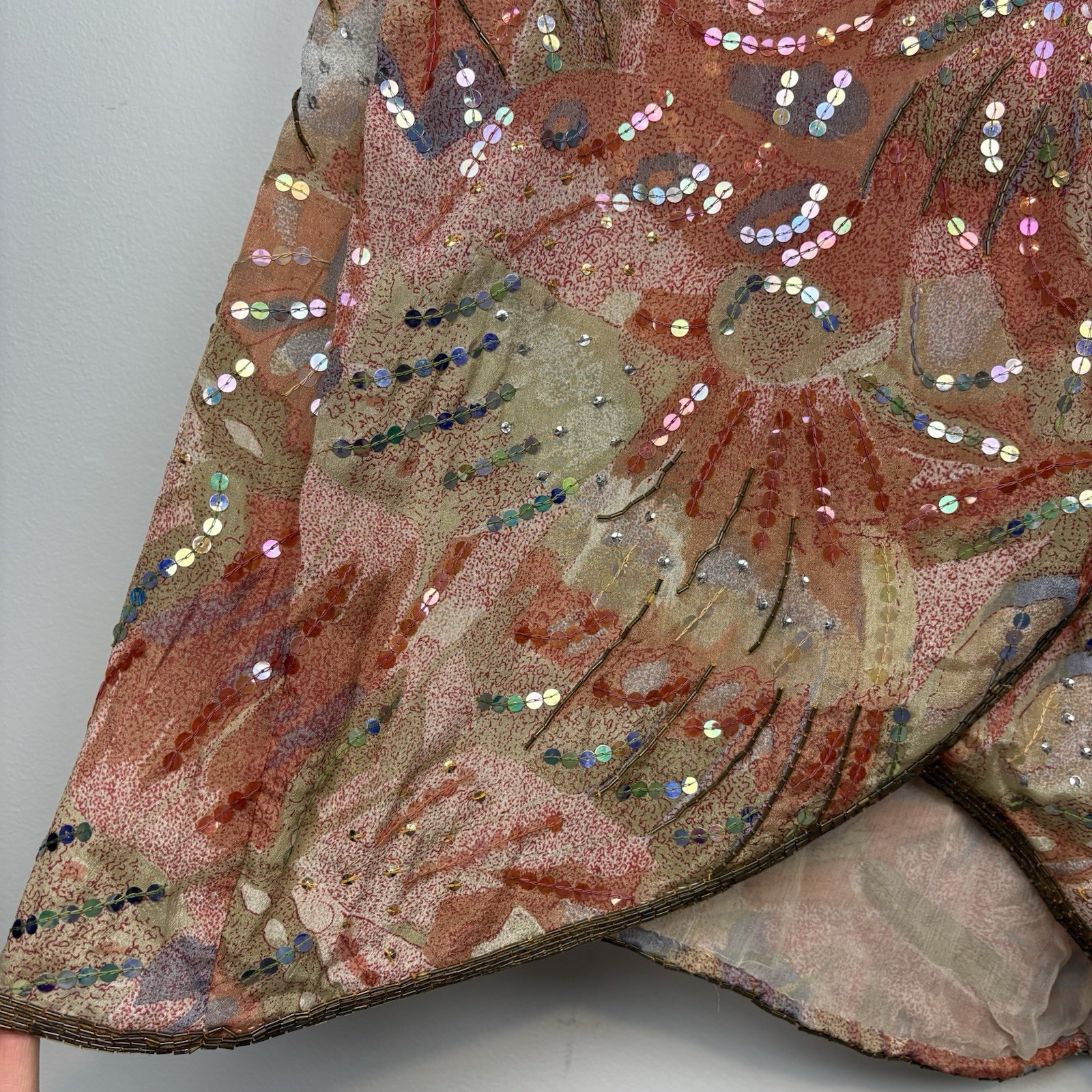 Vtg Judith Ann Creations Sequin 100% Abstract Silk India Long Sleeve Dress