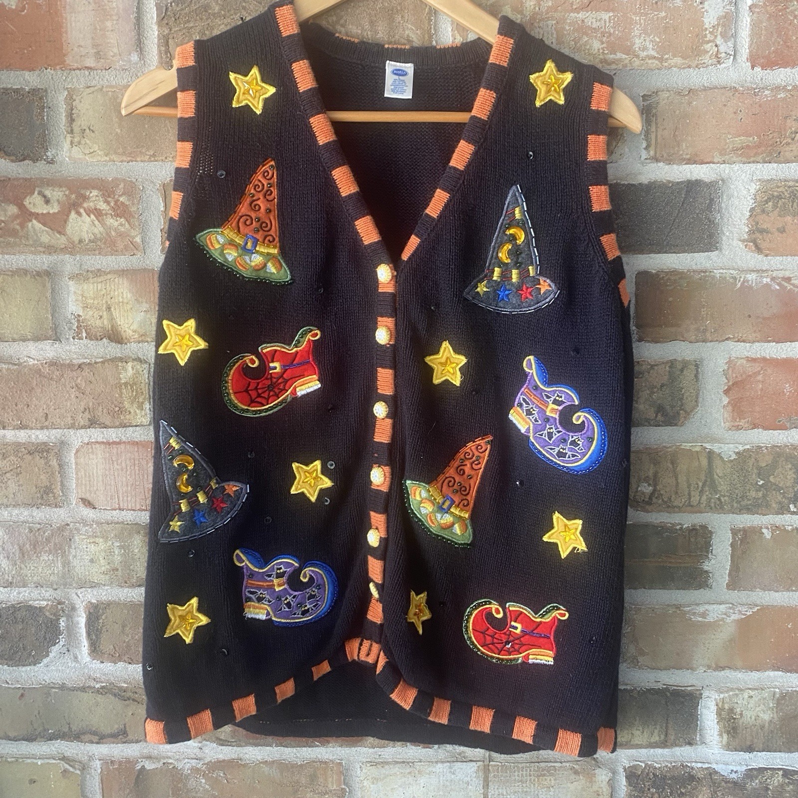 Halloween Large Sweater Vest Women’s Austin Clothing Co Witch Hats Black Orange