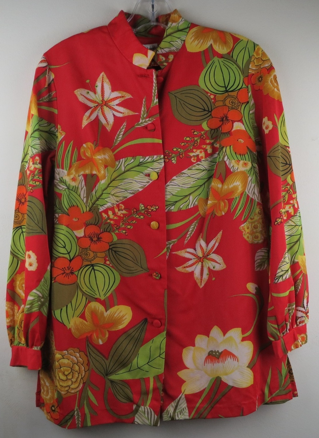 vtg. 70s Saks Fifth Avenue Floral Oriental Mandarin Collar Tunic S Blouse Red
