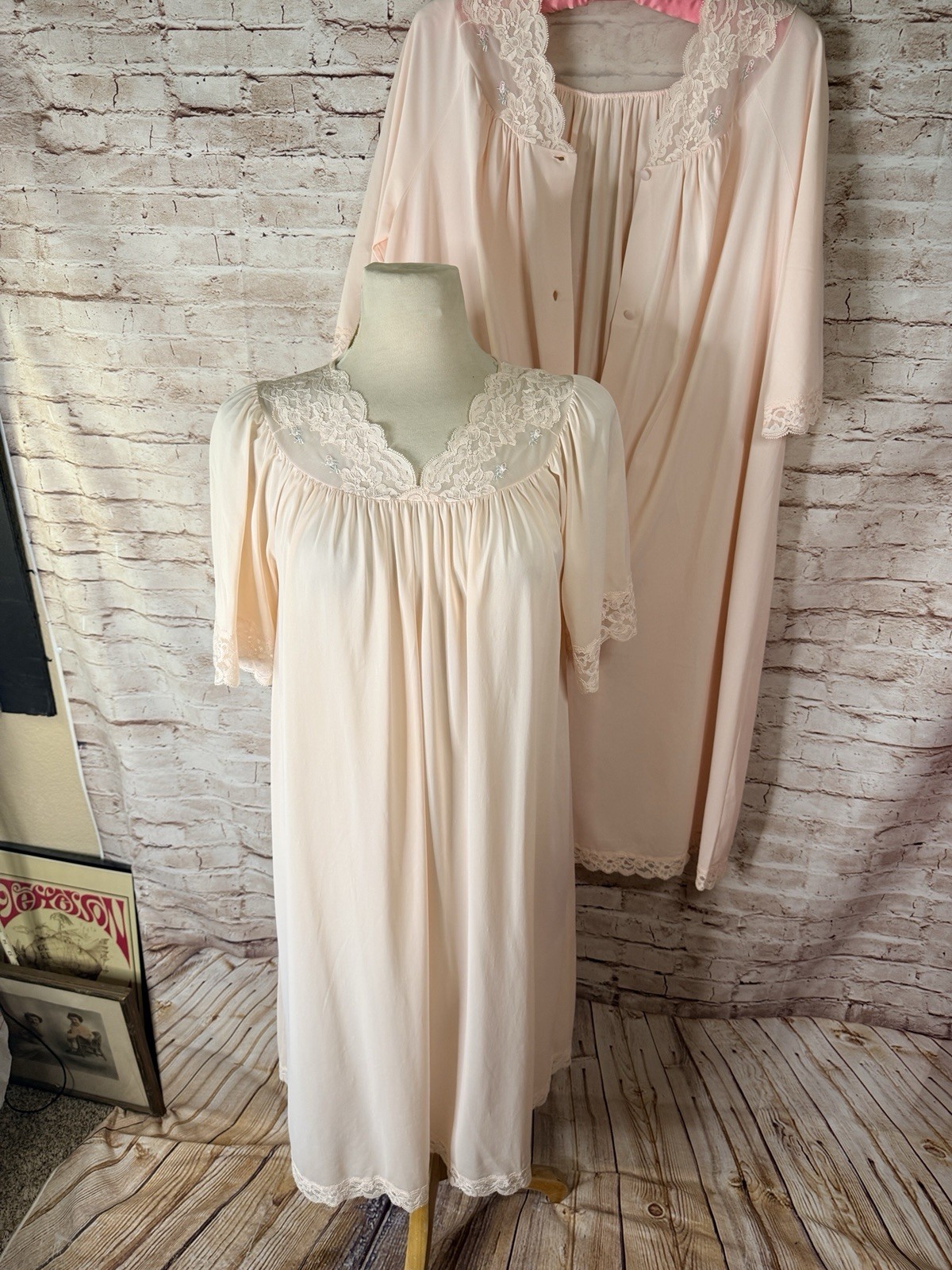 Vintage Lingerie Nightgown Slip Robe Peignoir Set Shadow Line Lace Peach Pink S