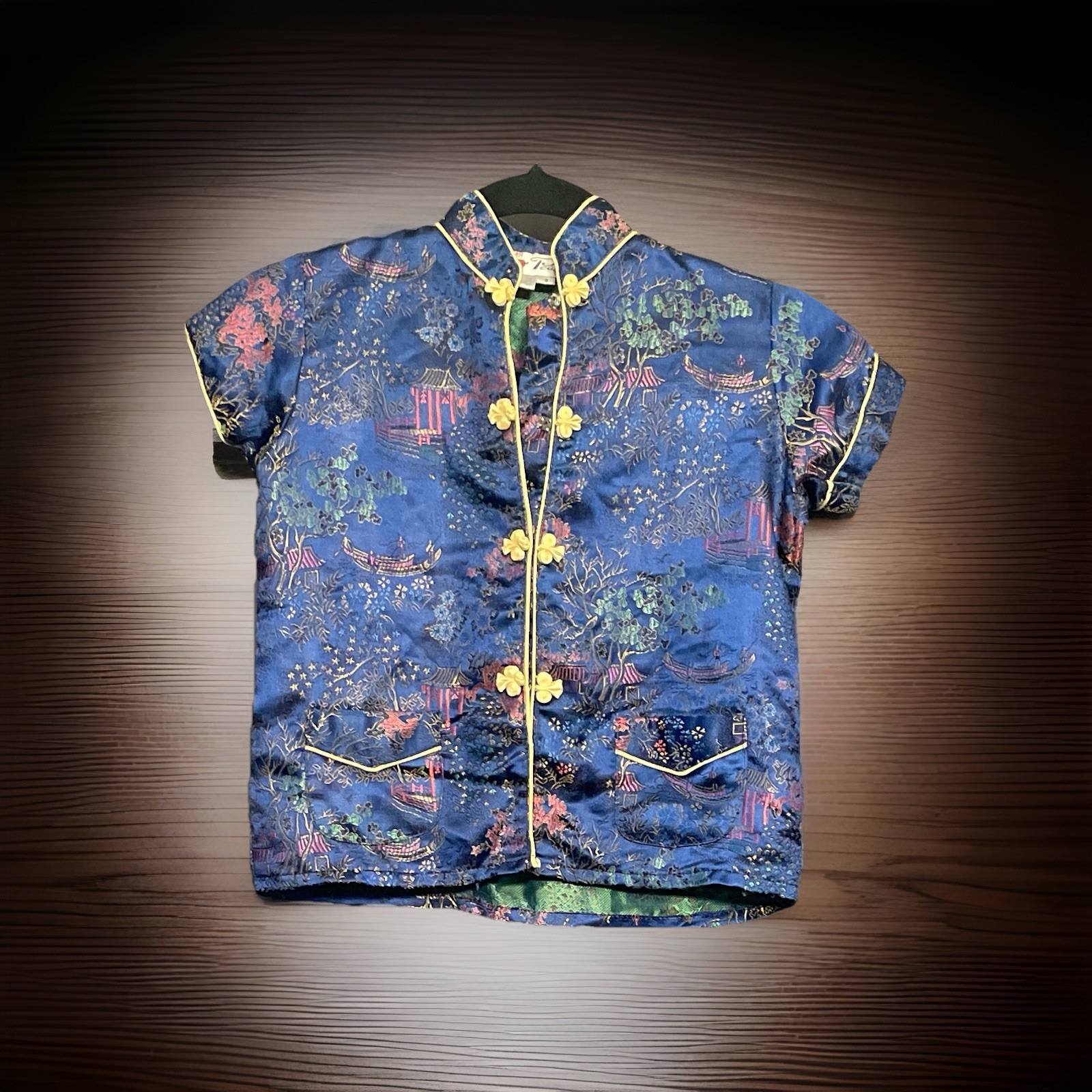 Vtg 50s 60s Double Peach Chinese Silk Brocade Cheongsam Blouse Top Blue SZ 8