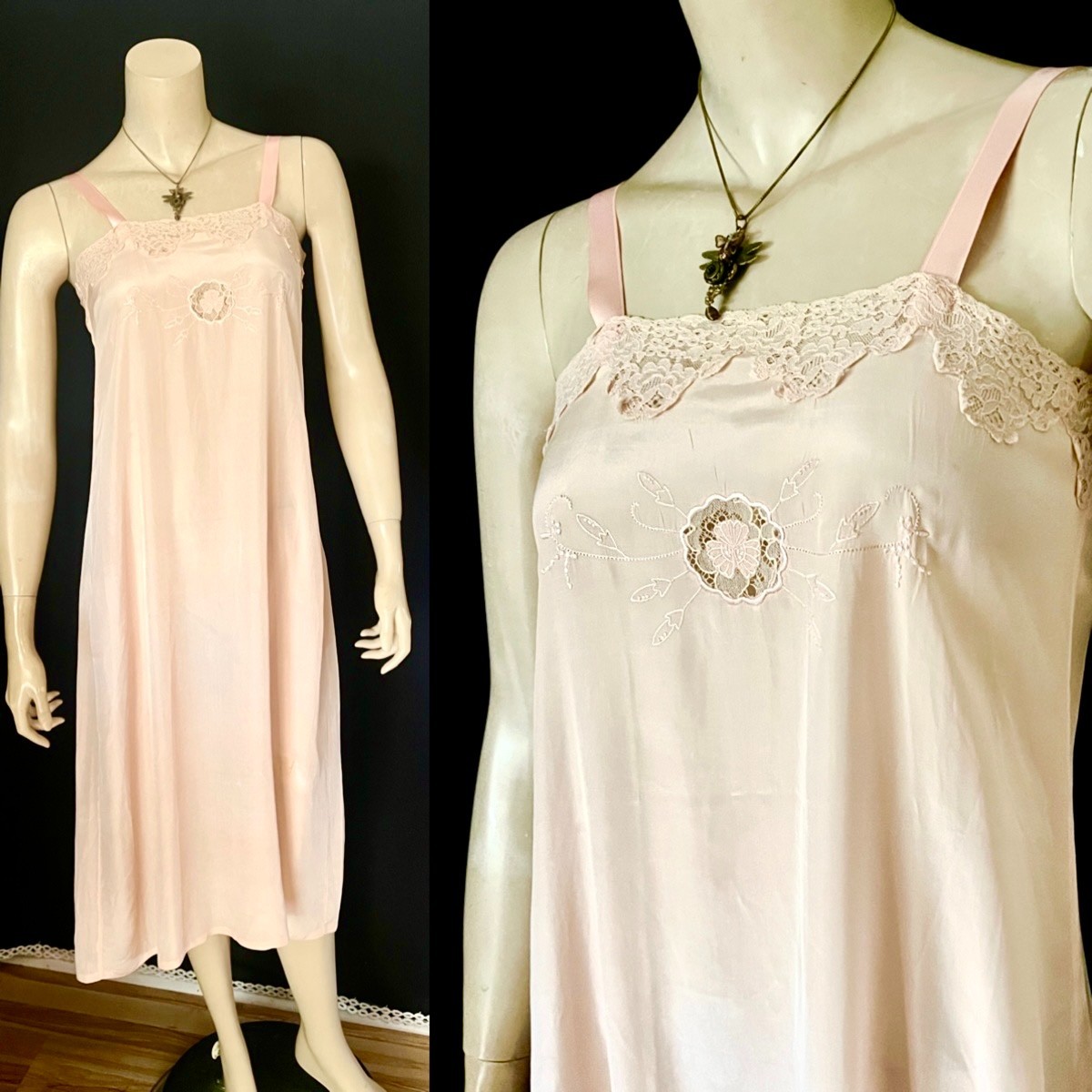 Charming 1920s, 1930s Tea Rose, Peach Silk, Lace Nightgown, Chemise, Slip, P – S