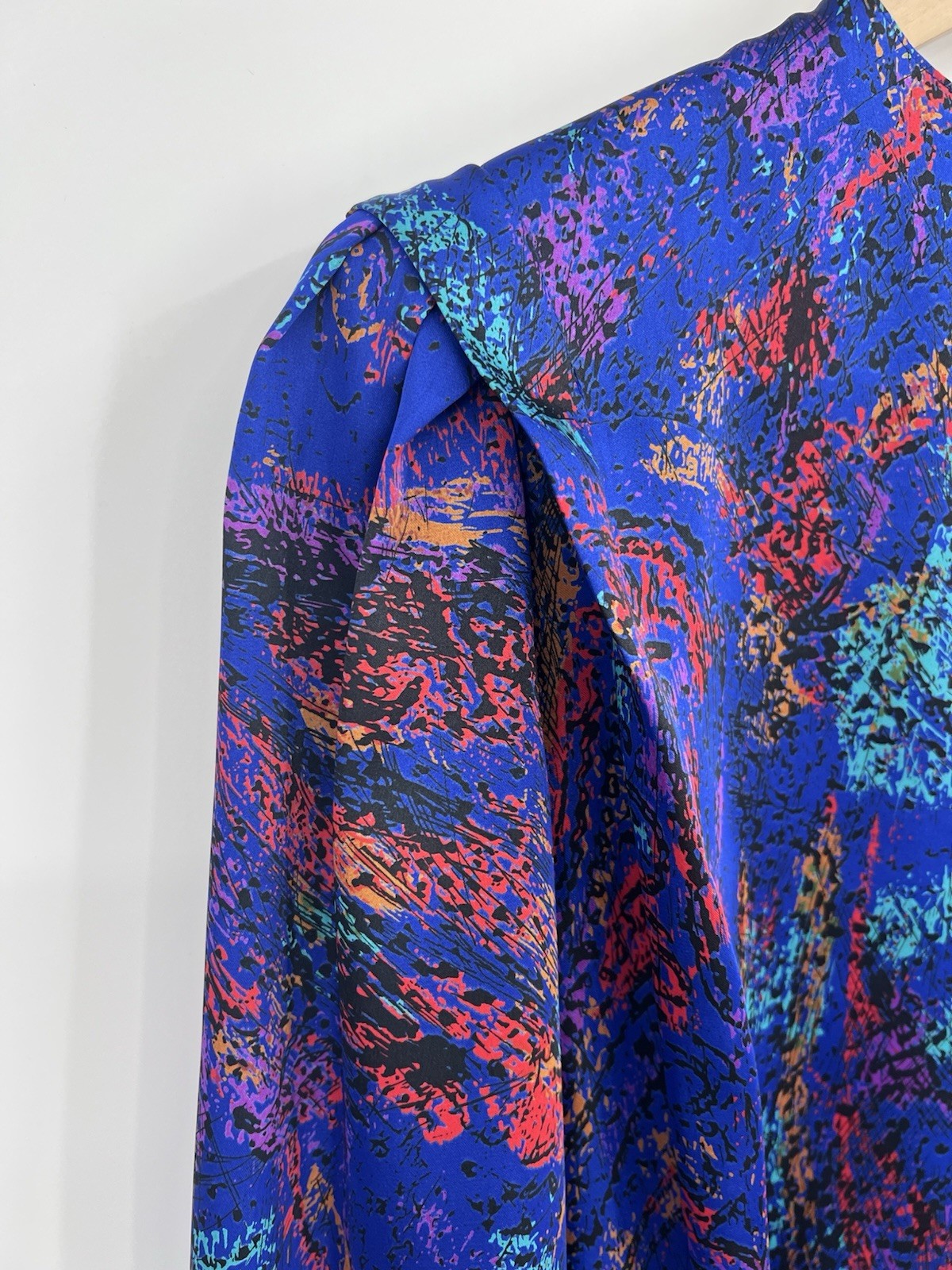 Vintage 80s Blue Multicolor Spatter Long Sleeve Structured Blouse Tess 2P