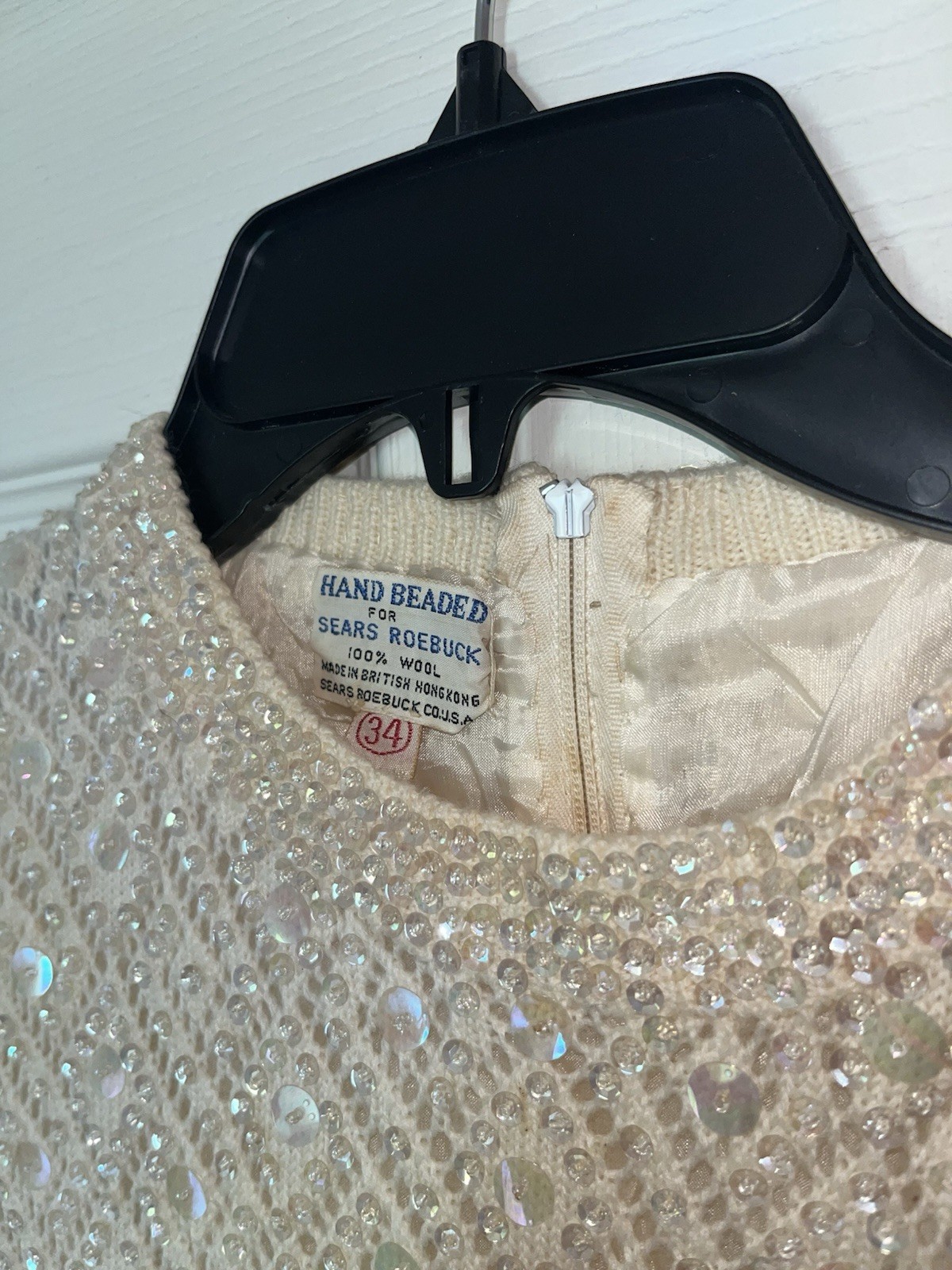 Sears Roebuck Beaded Embellished Ivory 100% Wool Sleeveless Blouse Zip up