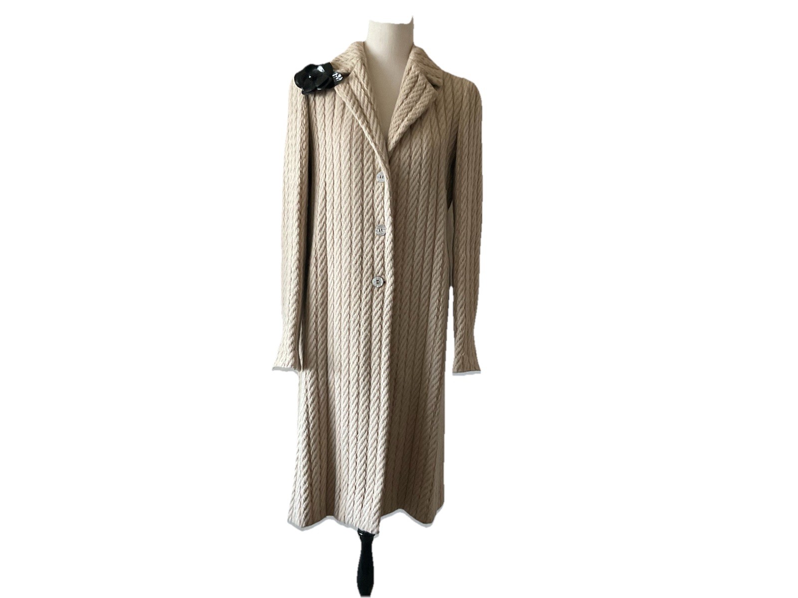 Vtg 2000 CHANEL Long Alpaca/Wool Knit Coat Beige+Taupe COCO Silk Lining Sz 38 (6