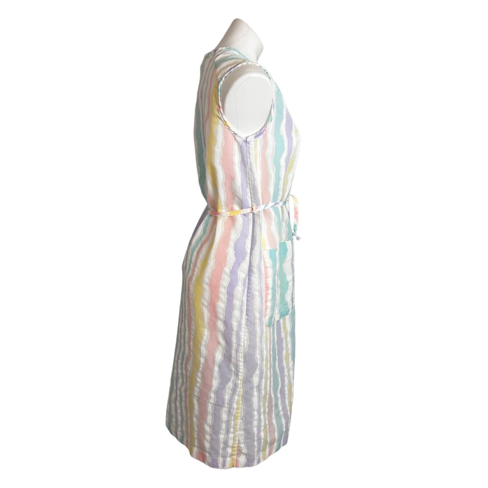 Smart Time House Coat Day Dress Multicolor Striped Half Zip Front Belt Vtg Sz S