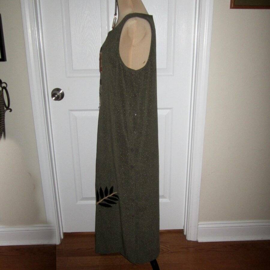 Vintage Beverly’s Olive Green Leaf Applique Maxi Dress 90s Cottagecore Artsy S