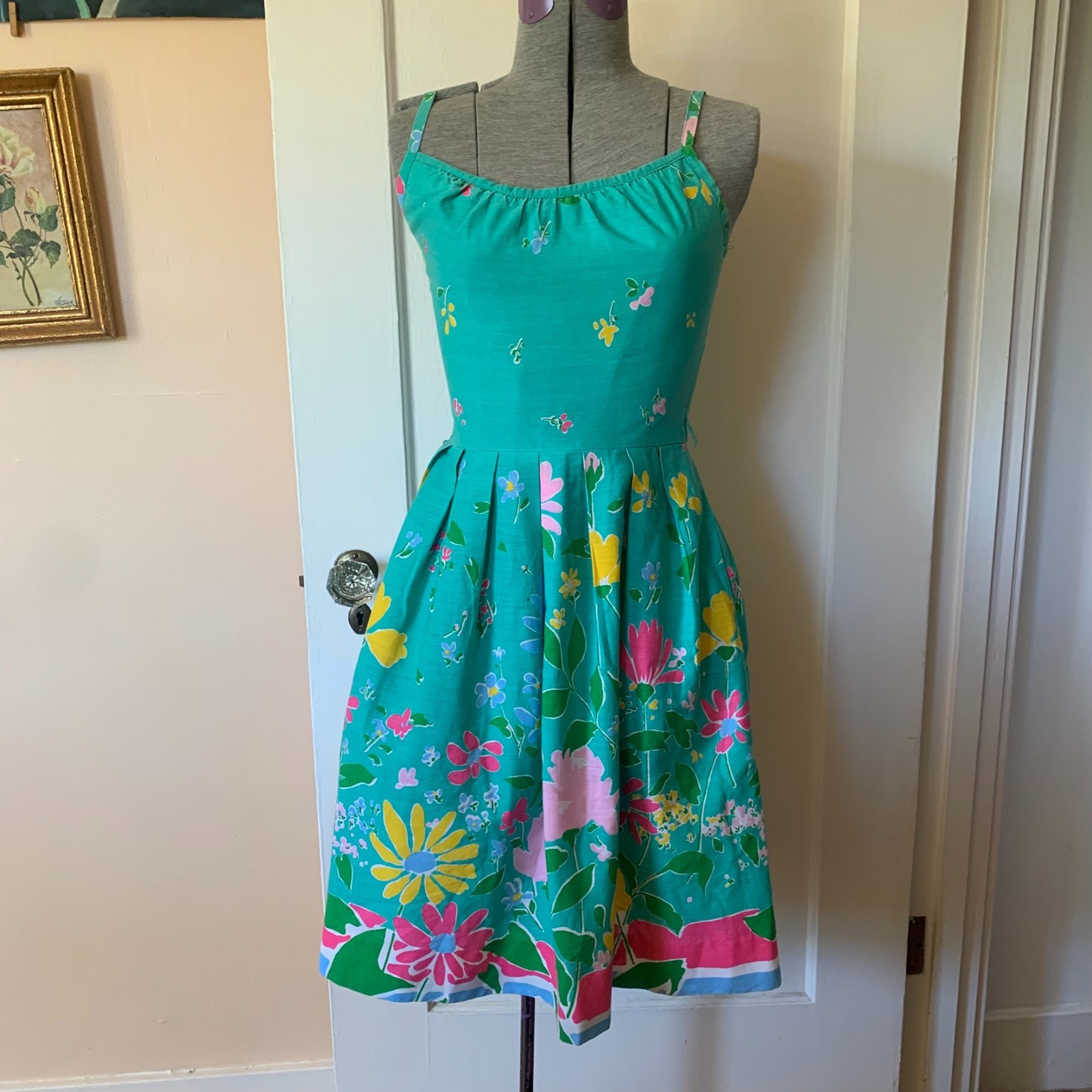 Vtg 70s Lanz Original Sundress XS Floral Green Fit & Flare Pockets Cottagecore
