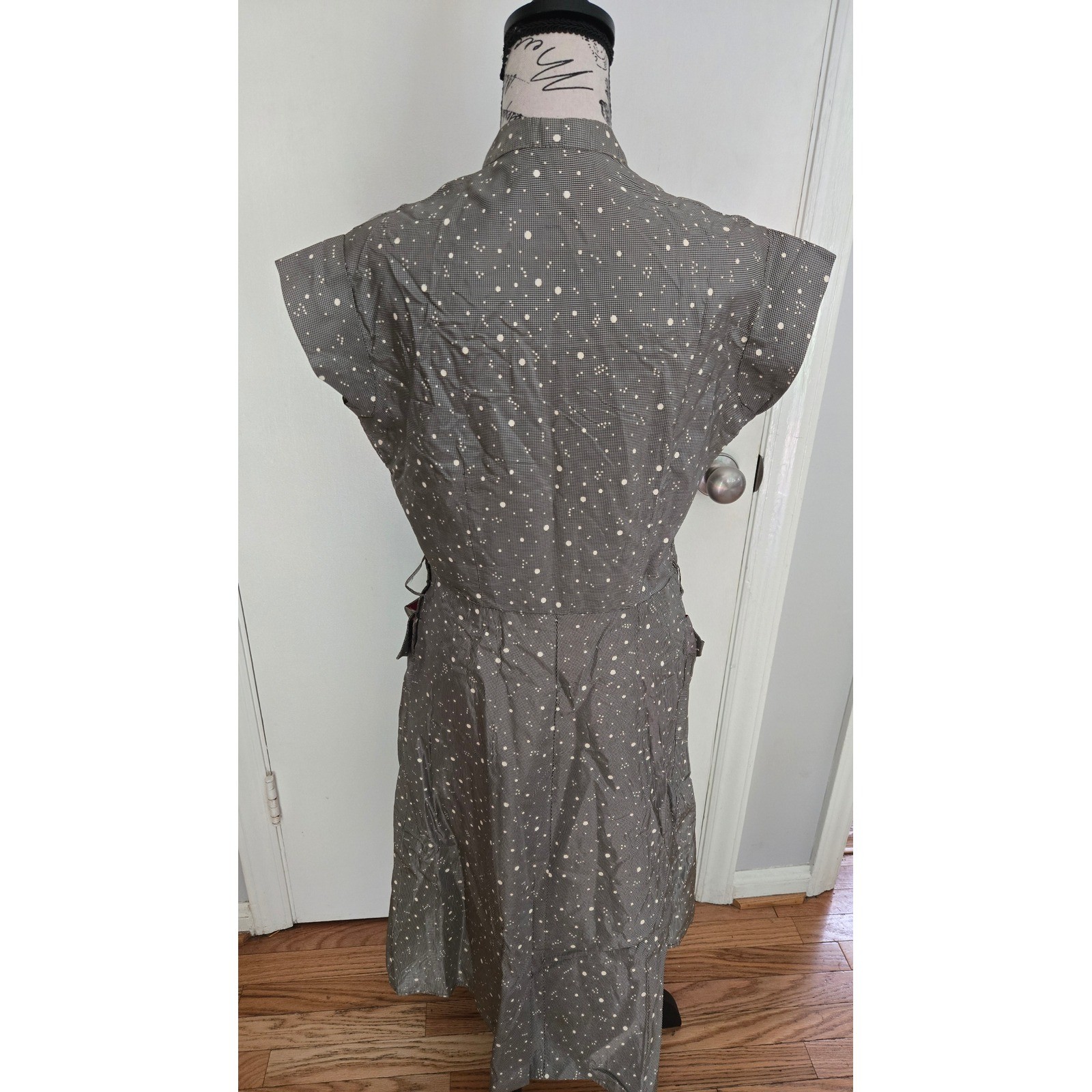 Vintage 50s Grey Atomic Splatter Dot Cotton Dress Red Lined Pockets Rockabilly