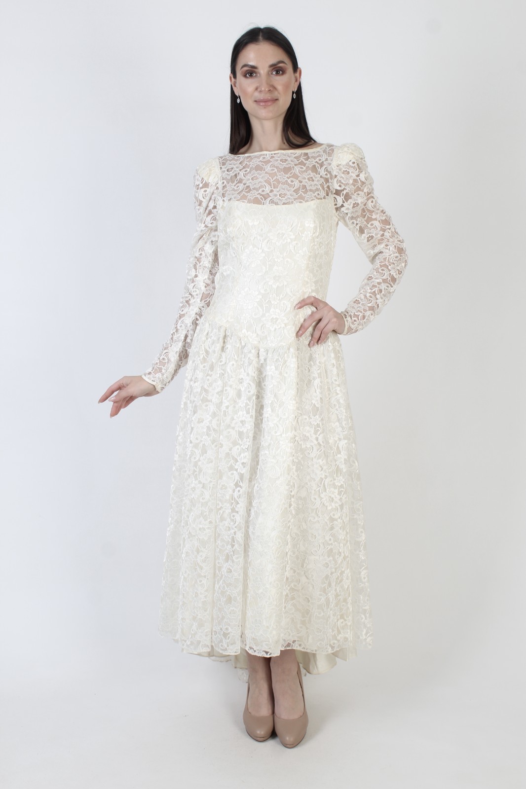 Vtg Alfred Angelo Asymmetrical Wedding Dress Victorian Cream Bridal Prom Gown