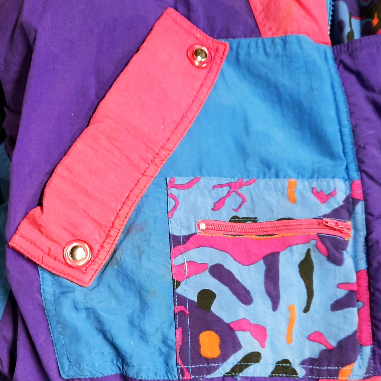 Vintage 1980s Nine Below Ski Jacket Down Coat Color Block Pink Purple Blue