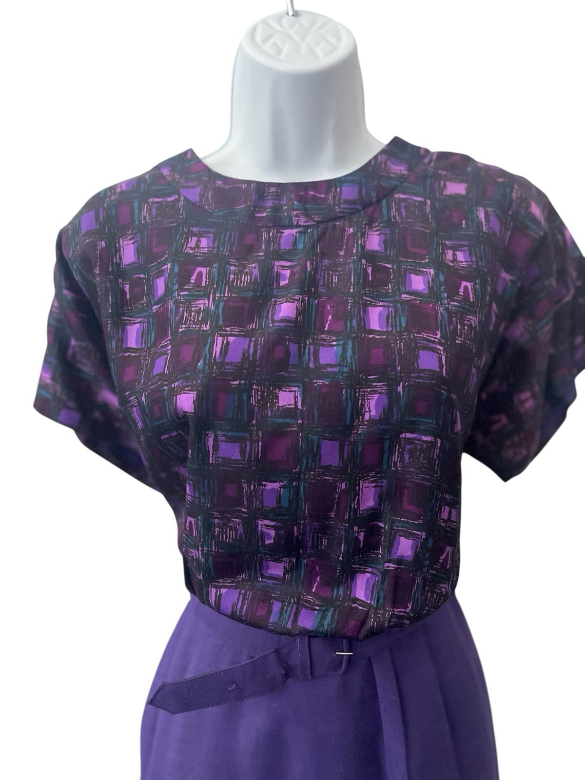 Vtg 50s Atomic Print Dress L Purple Cap Sleeve Silk Solid Skirt Belt Pencil Rare