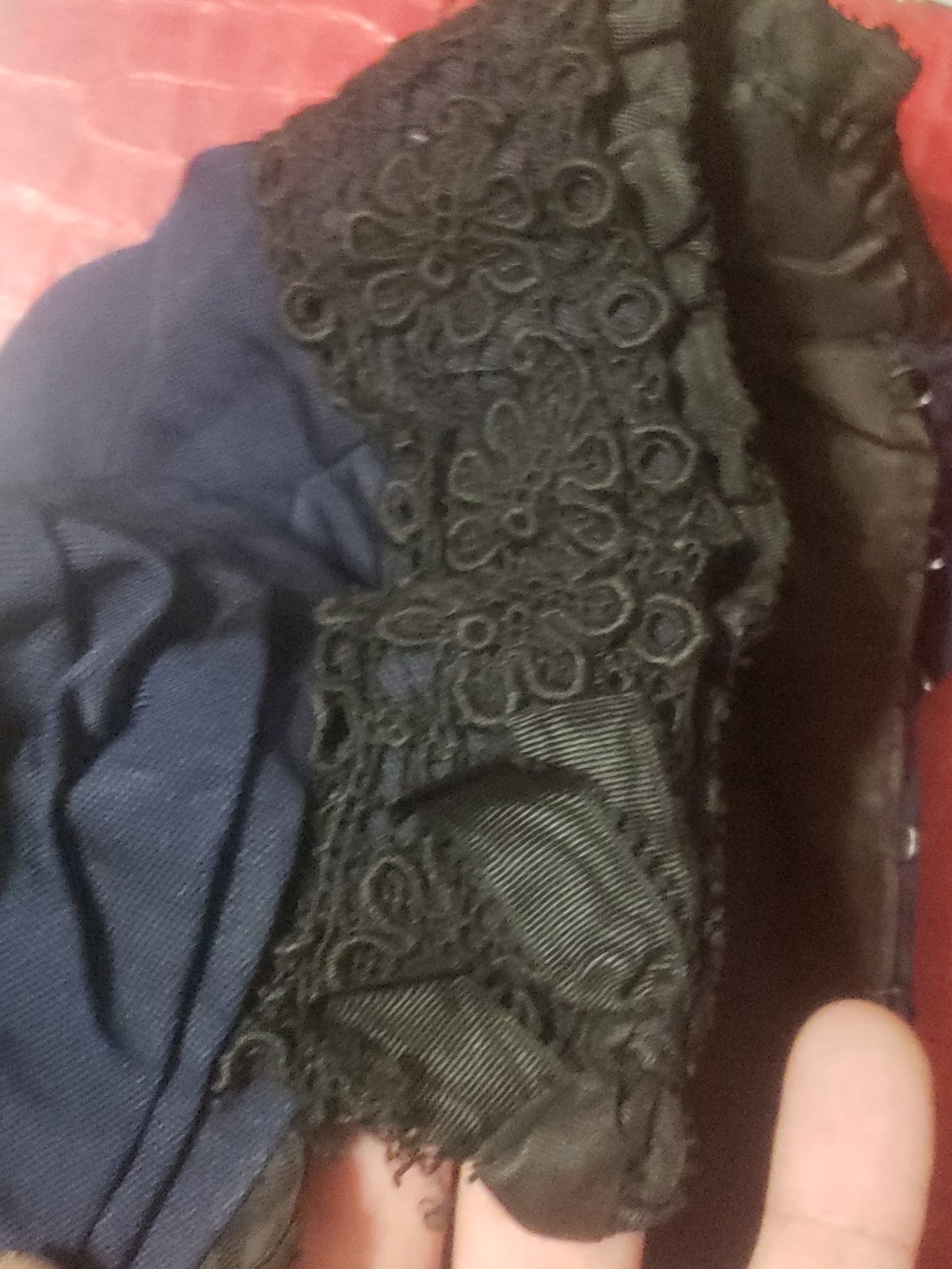 Authentic Antique 1870&rsquo;s Victorian Blue w Black Lace Jacket Bodice Boned Small