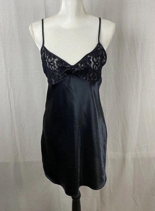 Vintage California Dynasty USA Made Black Satin Lace Slip On Nightgown Size Med