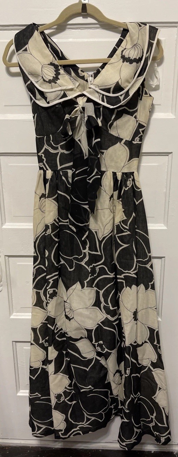 Vintage Alfred Werber L. A. NYC Floral B&W Sleeveless Collared Maxi Dress Sz 6