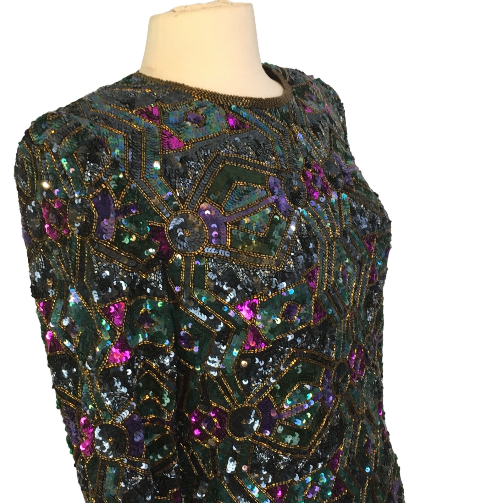 Joan Leslie Studio Vintage Silk Sequin Top and Green Skirt, Evening Gown Dress M