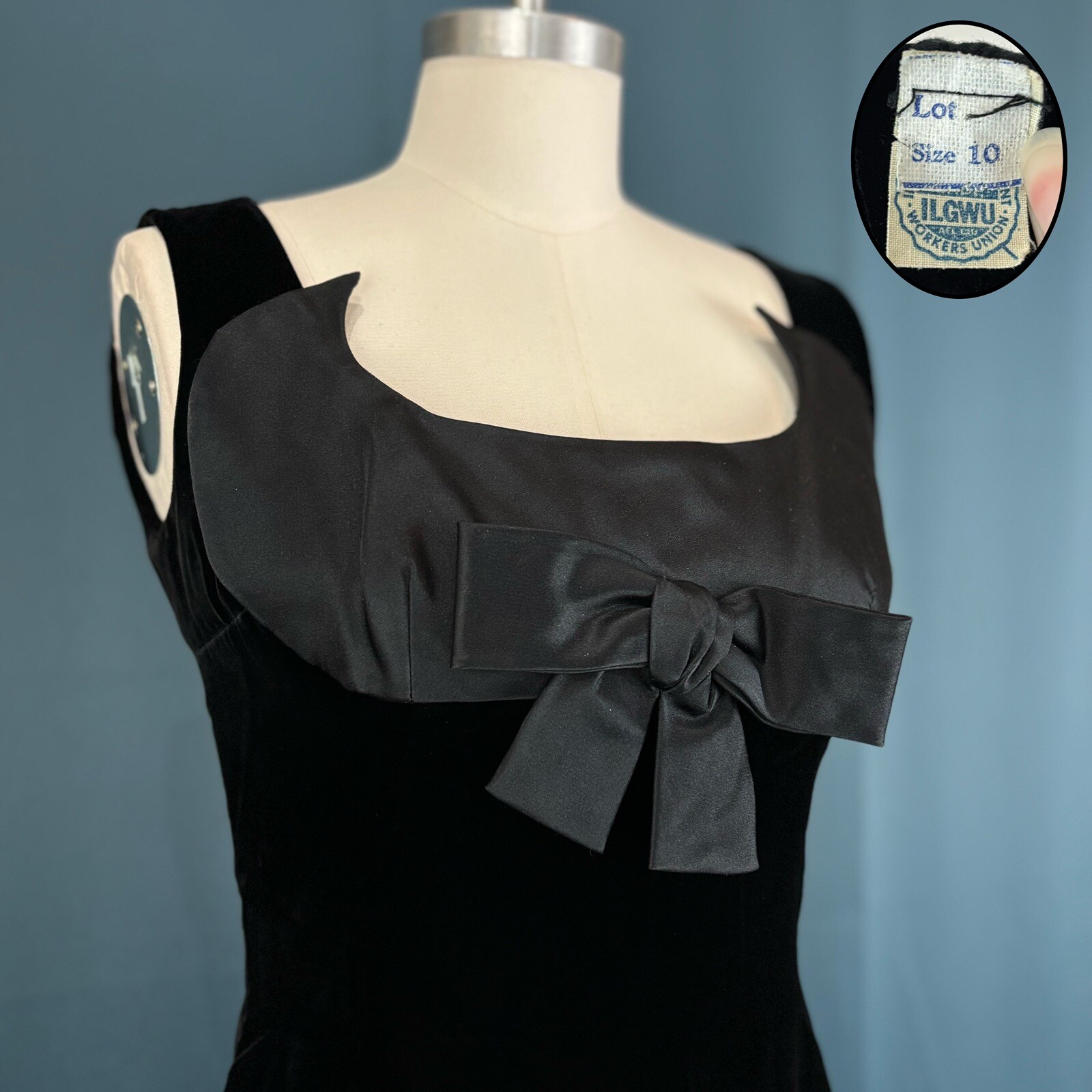 Vintage 60s Oleg Cassini Velvet Silk Taffeta Bow Front Dress