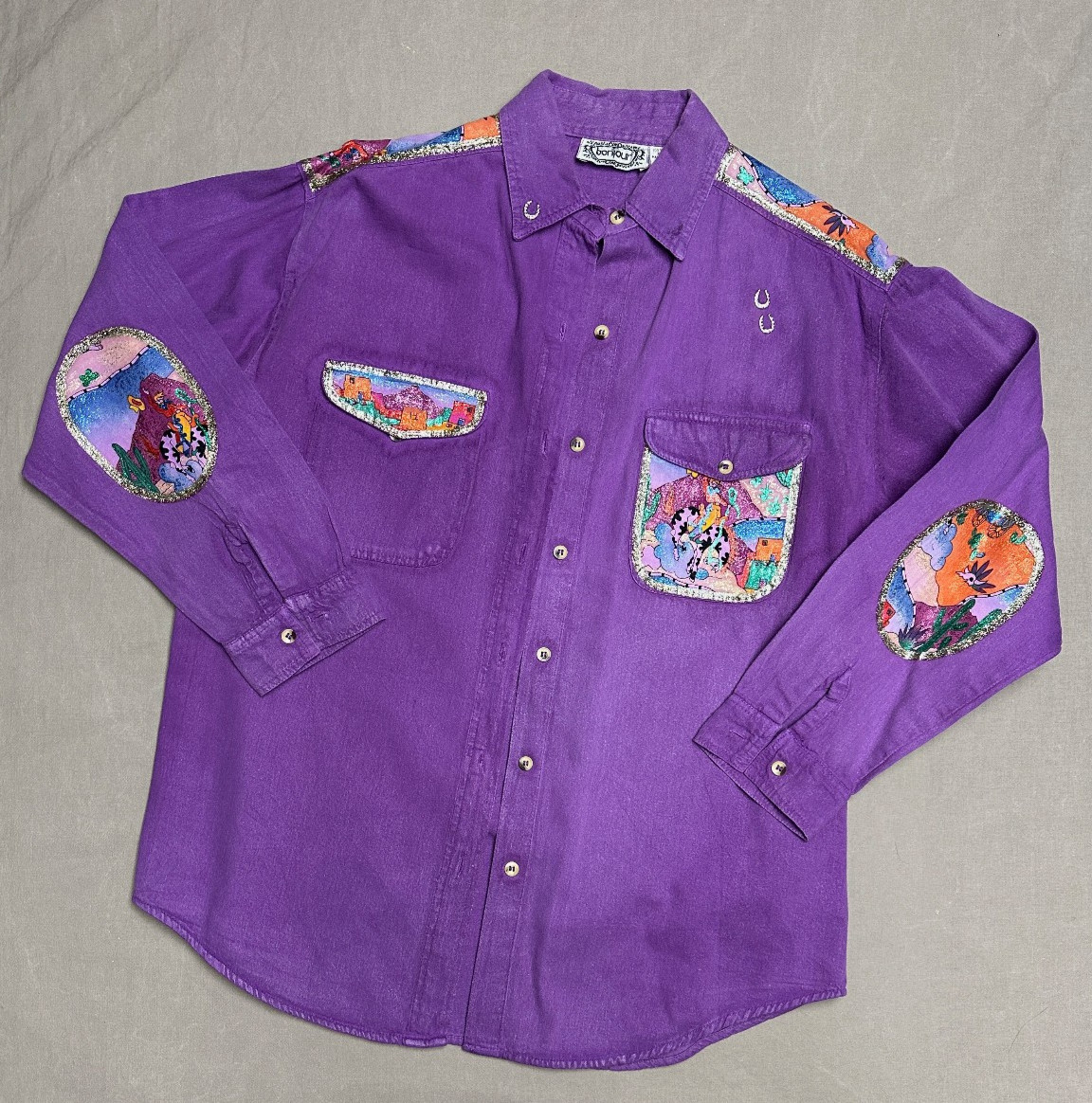 Vintage Hand Painted Bonjour Sz M Button Up Shirt Western Cowgirl Eclectic Art