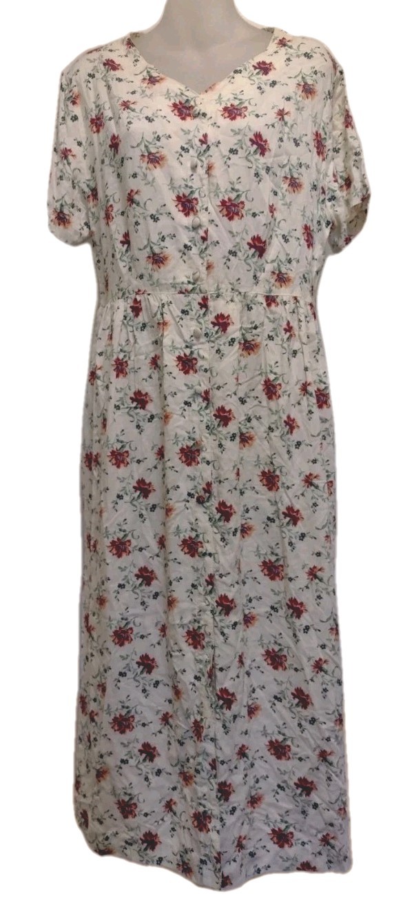 VTG L.L.Bean Floral Rayon Dress Petite 14 Made in USA Button Front Tie Back
