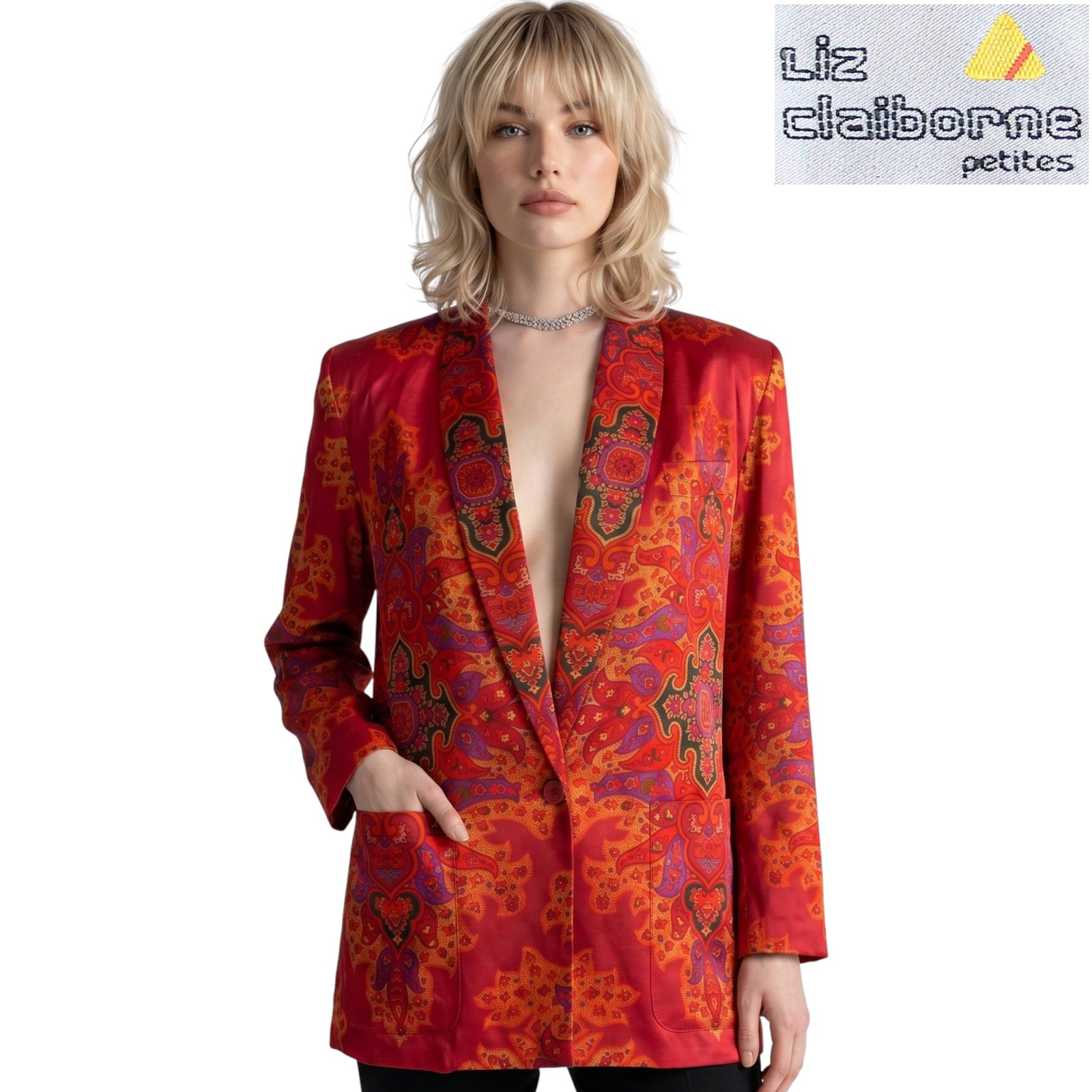1980s Vintage Satin Blazer Red Damask Print Smoking Jacket Liz Claiborne 4/6 P