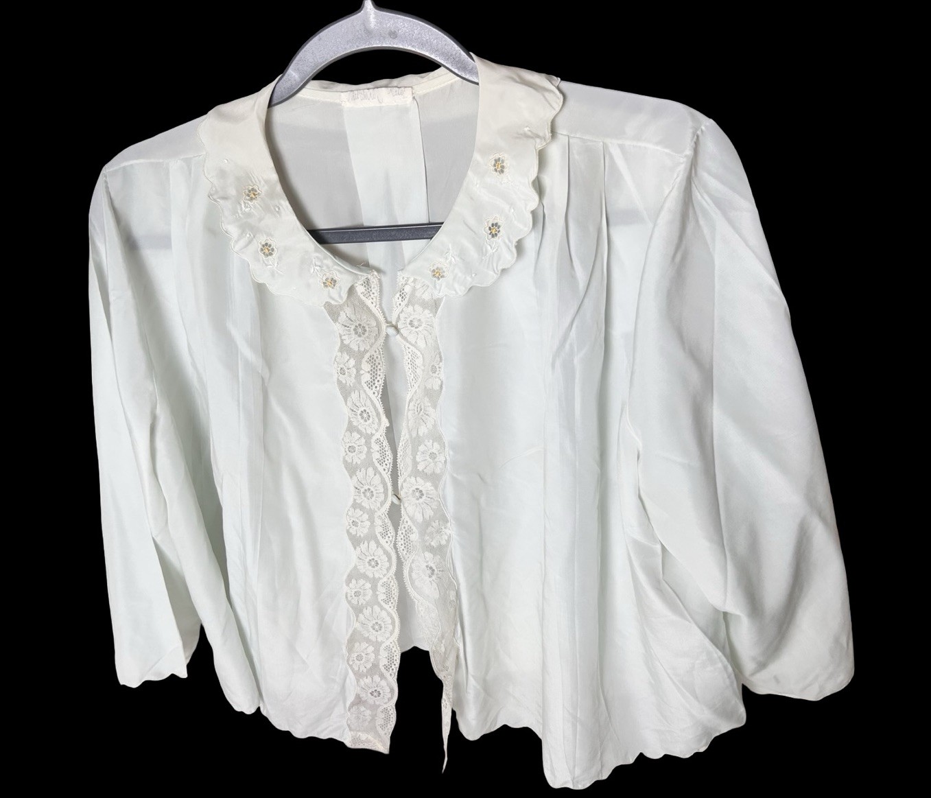 VTG Cropped Bed Jacket Sz Large Blue Floral Lace Tie A-line Collared FLAWS READ