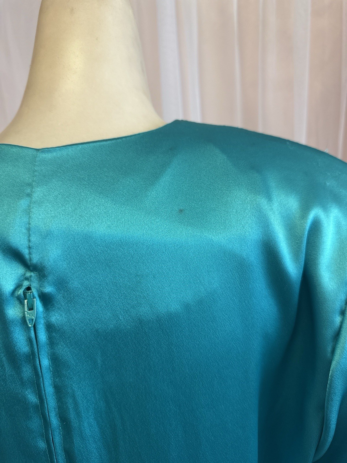 Vintage 80s Green Liquid Satin Peplum Dress New Wave V Neck Cocktail L