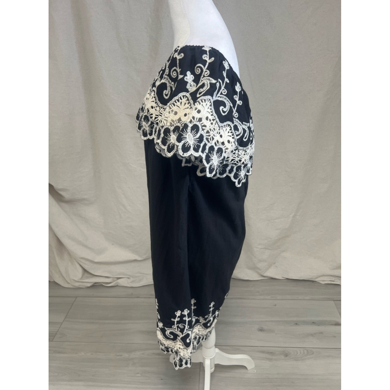 Fever Cottagecore Dress Embroidered Lace Off the Shoulder Black White Sz XL Boho