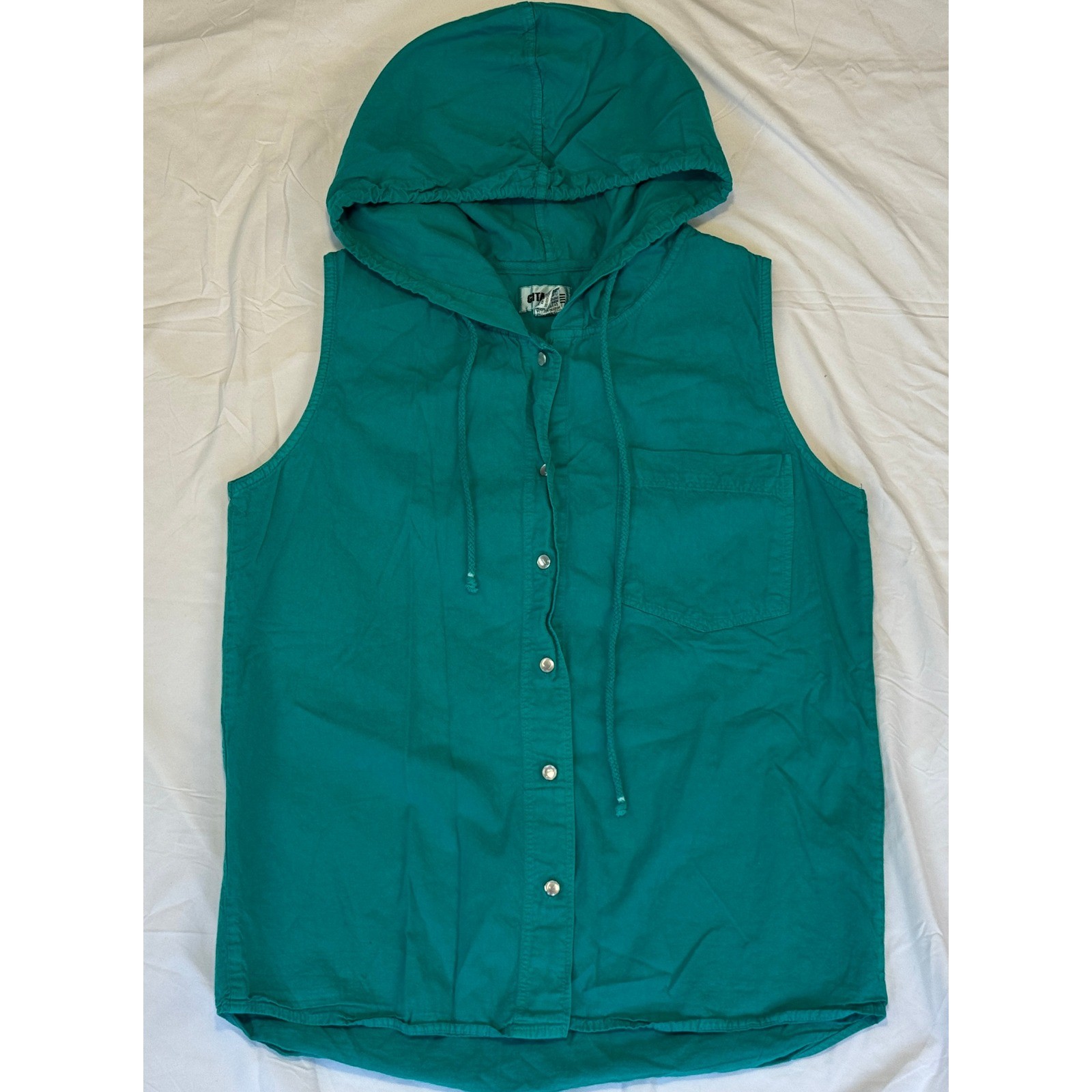 Gitano Vintage Womens Teal Green Sleeveless Hooded Button Down Shirt Size M