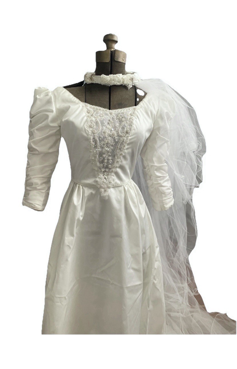 House Of Bianchi Vintage Antique Wedding Dress With Veil In Box Satin Silk