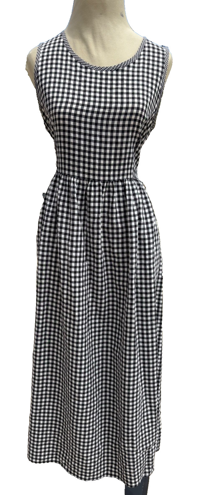 Vintage Teacher Cottagecore Gingham Jumper Dress Bow Midi M/L Black White 90s