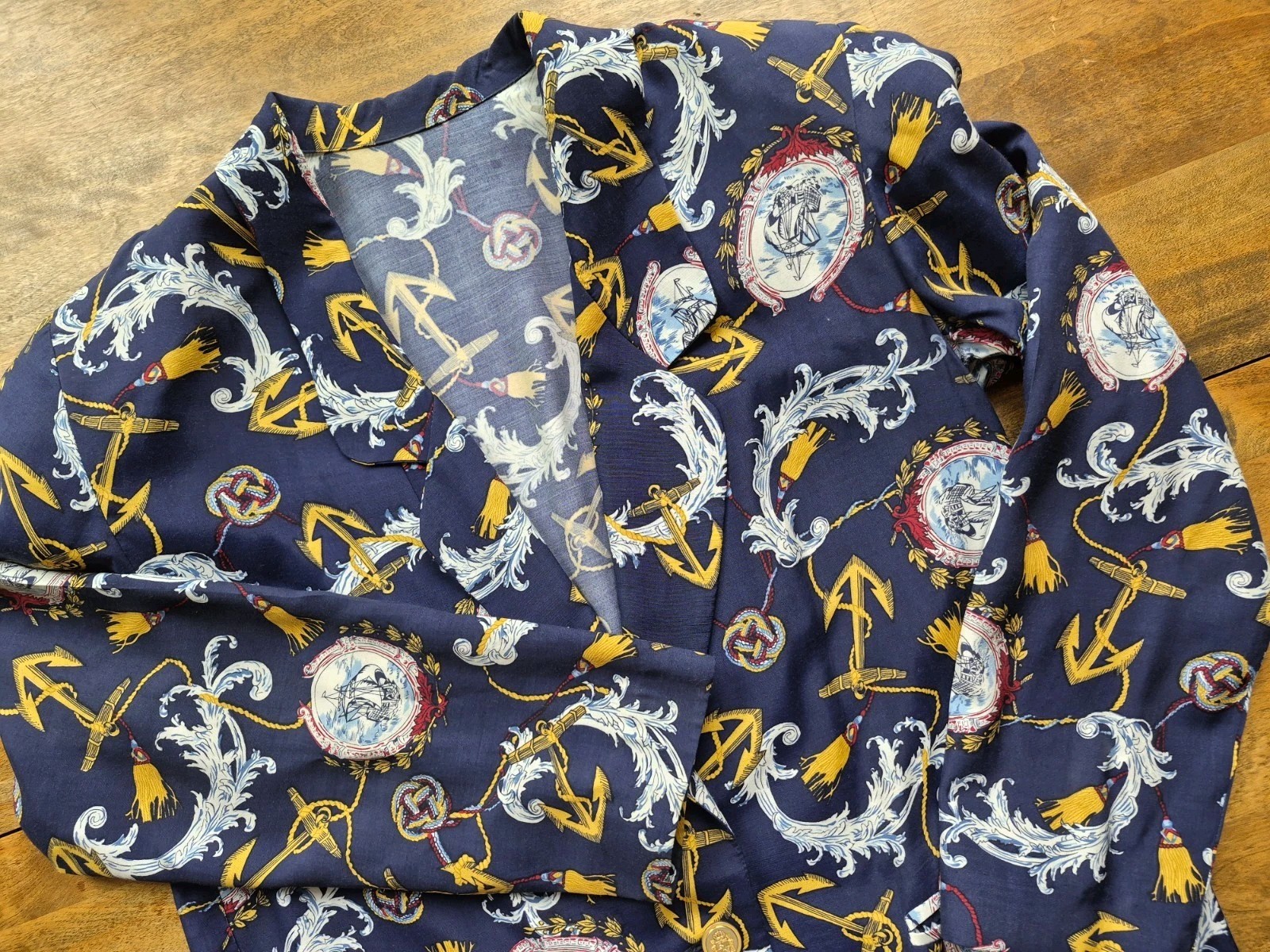 Vintage Womens Jacket Sz 8 Baroque Nautical All-Over Print Blazer Navy Gold Red