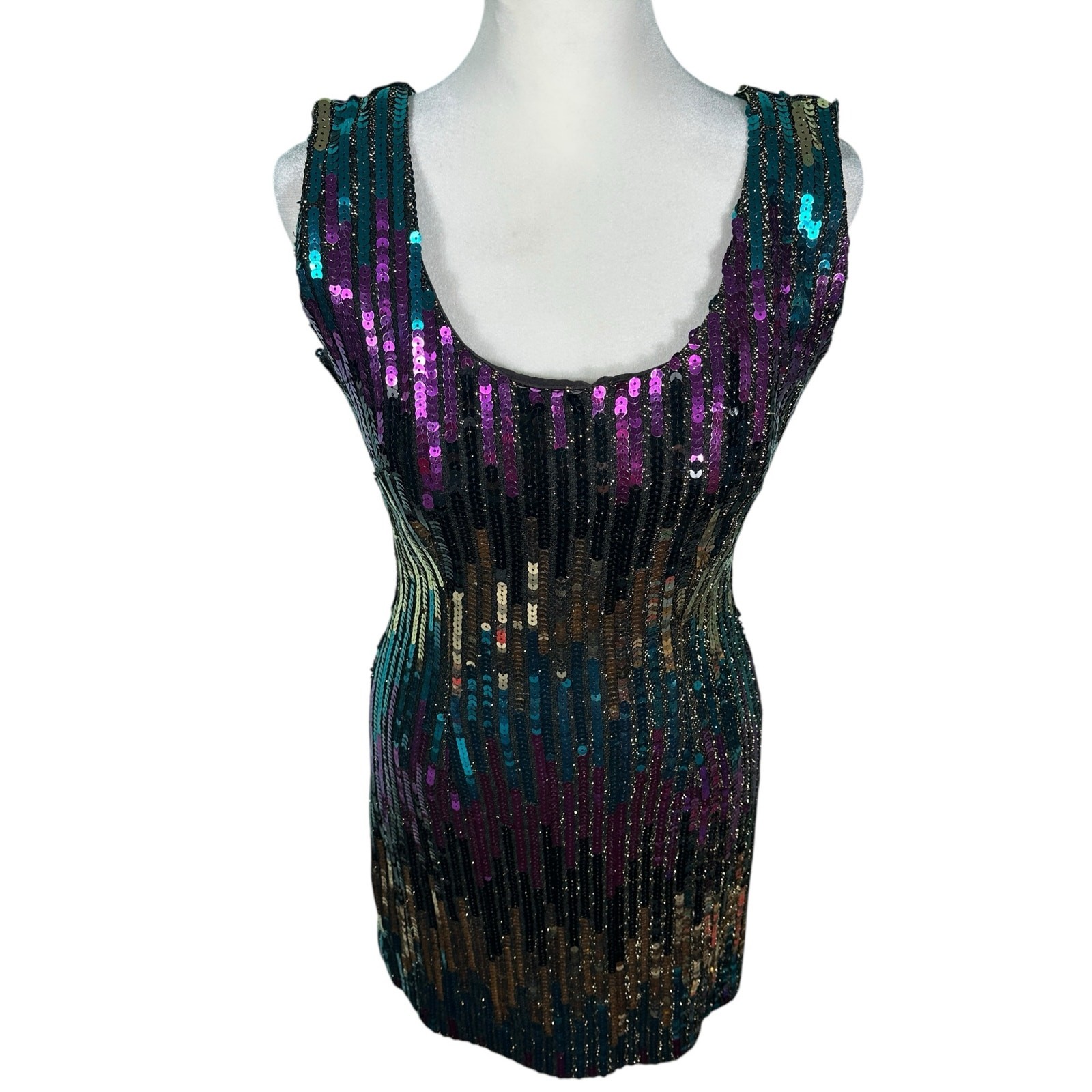 Vintage Alyce 1980s Sequin Mini Party Cocktail Dress Purple Green Gold Sz Med/10