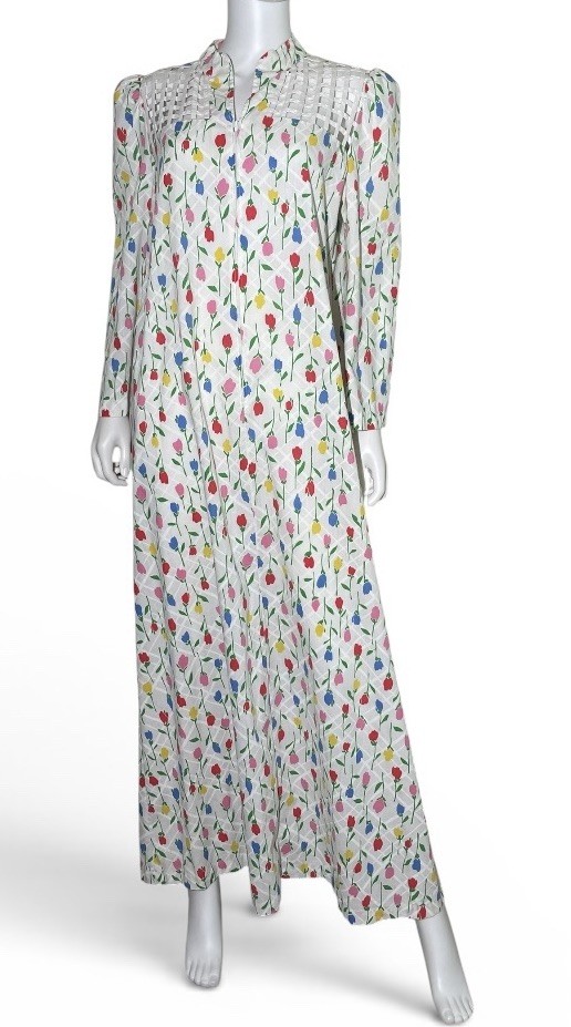 VTG 70s David Brown Saks Fifth Avenue White Floral 1/4 Zip House lounge Dress