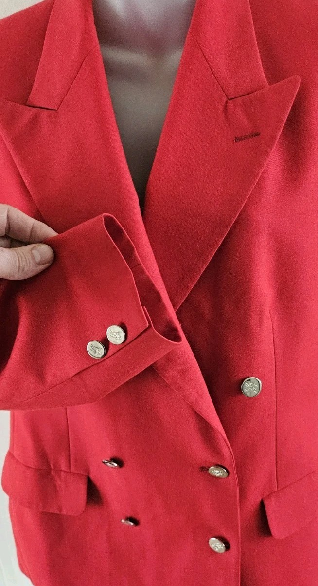 Vintage Burberrys&rsquo; Patrick James Cherry Red Double Breasted Wool Blazer Sz Lrg