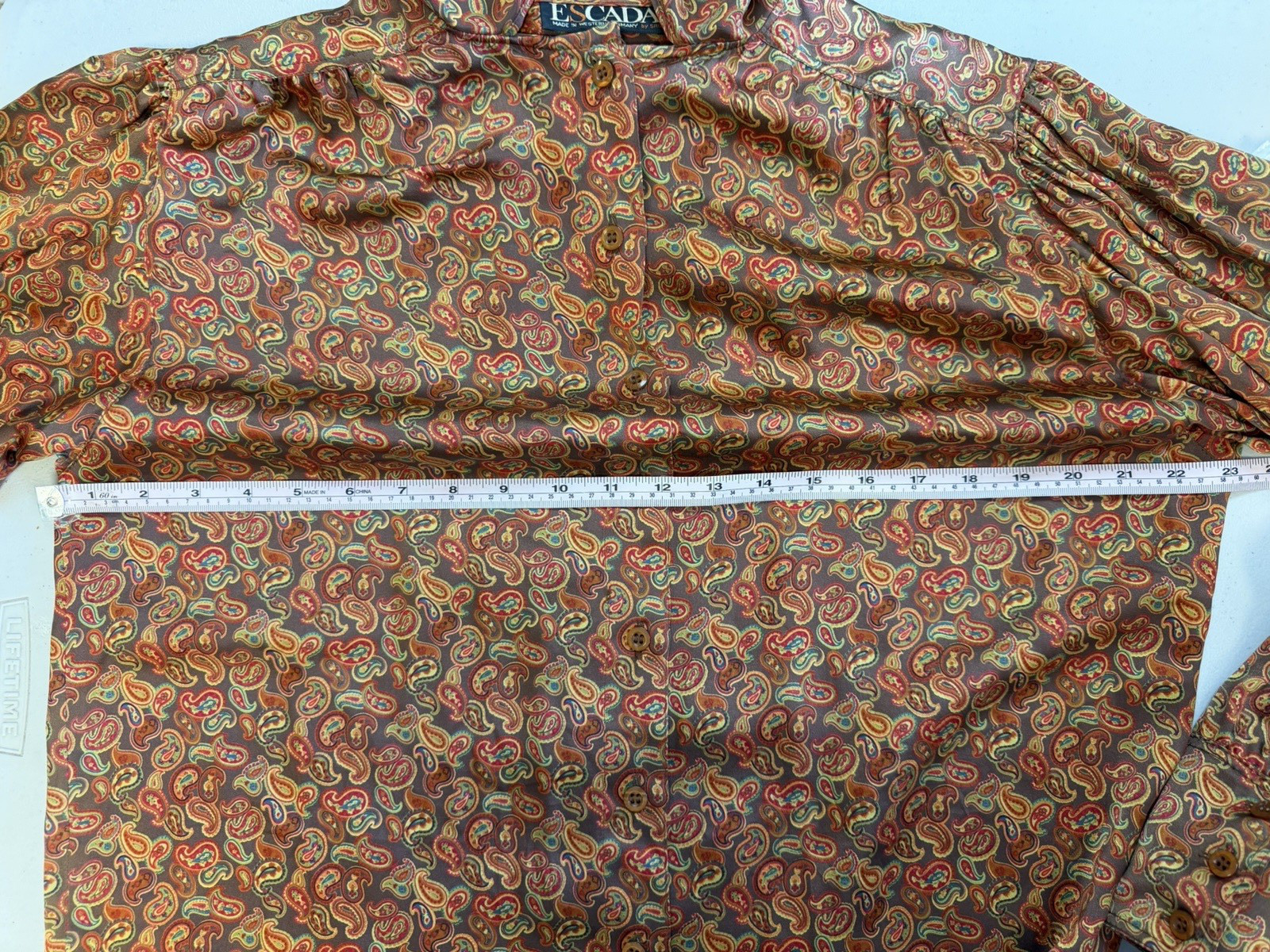 Vintage 1980&rsquo;s ESCADA Copper Brown Orange Paisley Print Silk Blouse Germany SRB