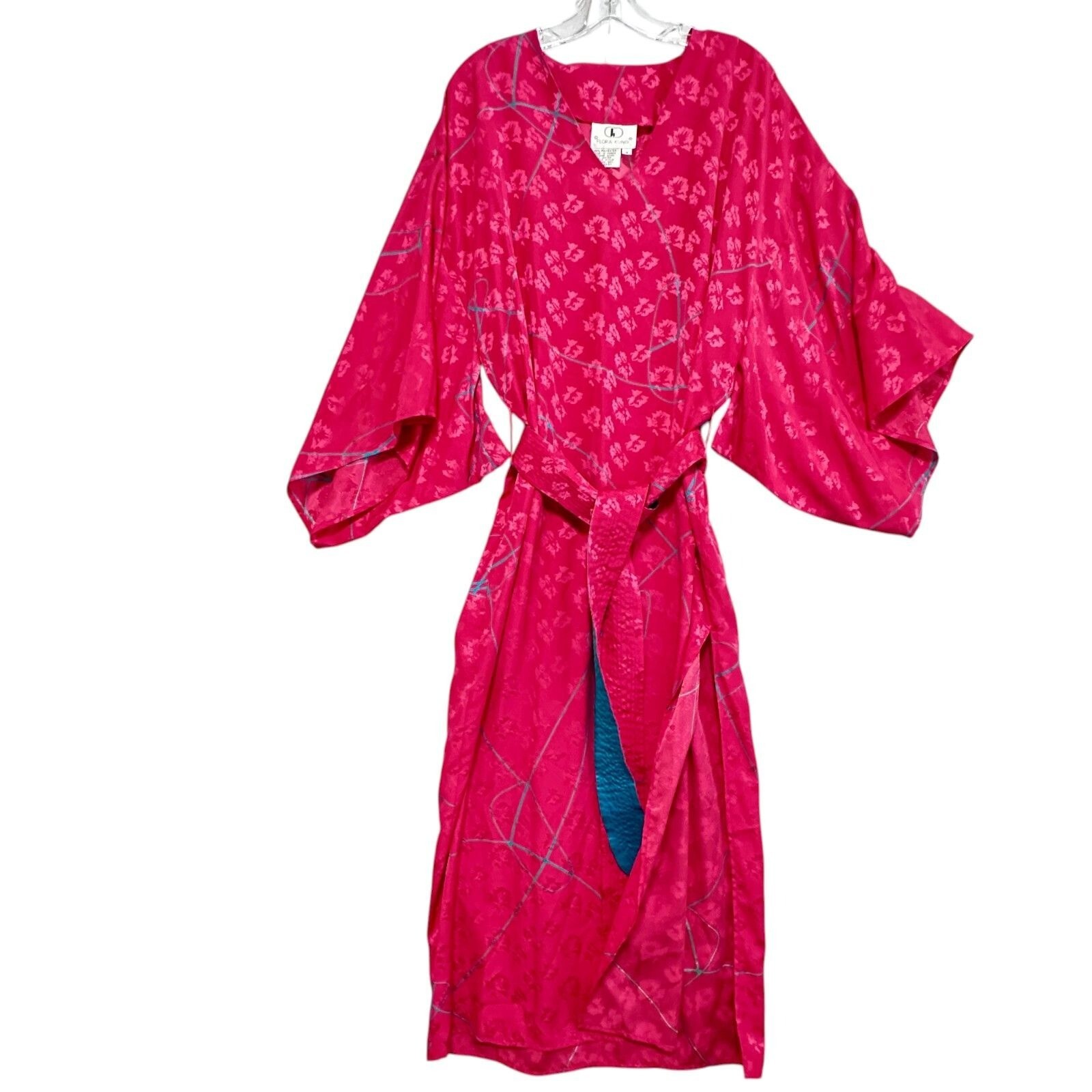 Vtg 80s Flora Kung Pink Floral Satin aftan Maxi Dress W/ Kimono Sleeves Size M