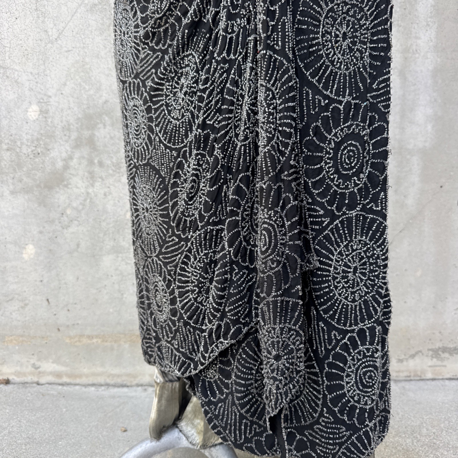 Antique 1920s Completely Beaded Flower Gown Silver Lamé Full Length Dress VTG