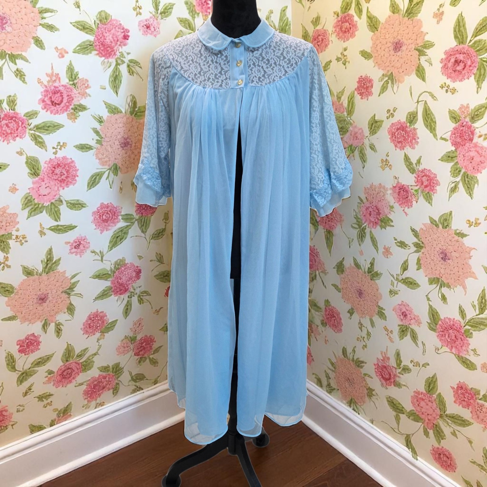 Vintage 50s Texsheen Peignoir Robe Chiffon Lace Powder Blue Size Small USA