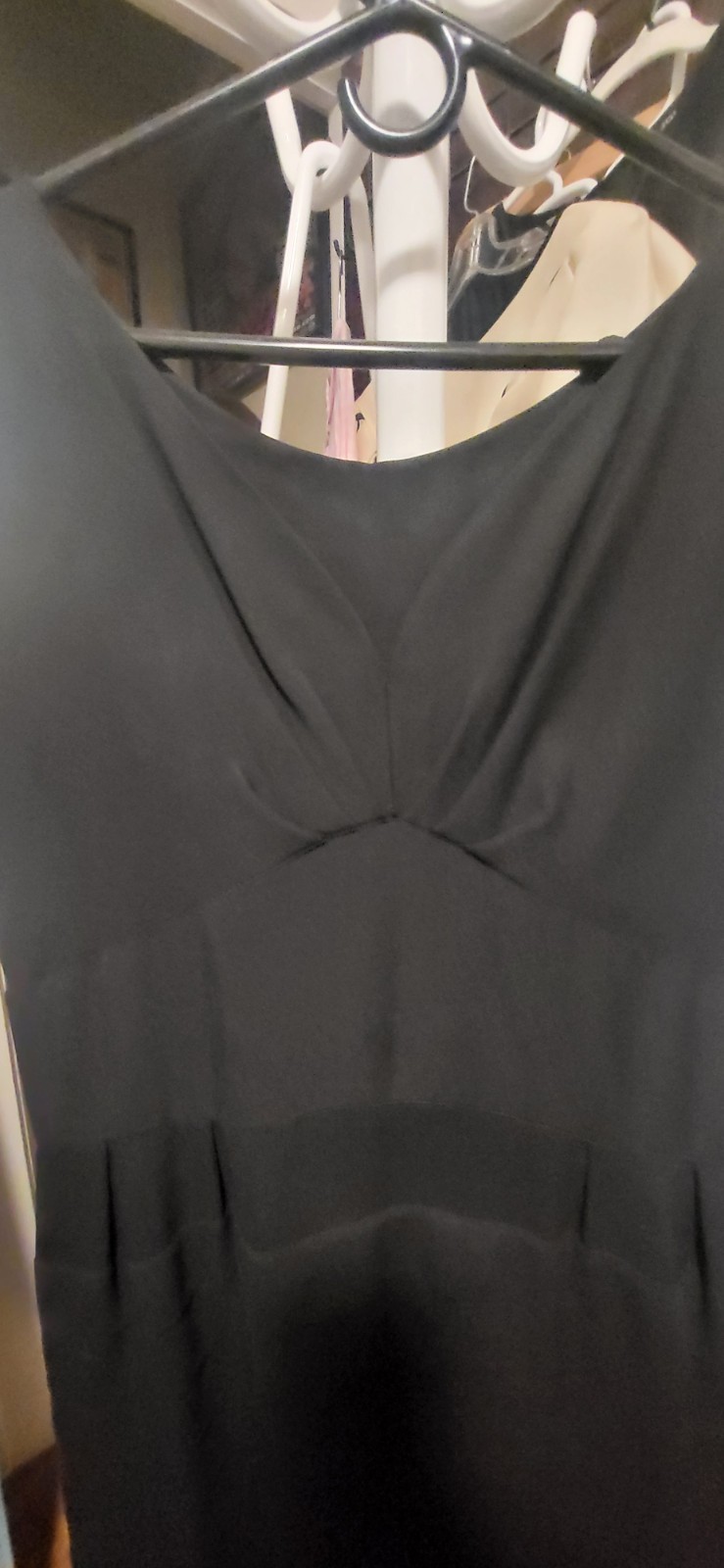 Vintage 1950&rsquo;s? Unbranded Black Shutter – Fitted V Neck & Tiered Dress L/XL?
