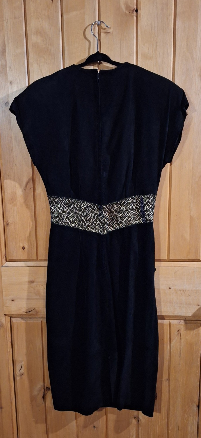 80s does 50s Black and Gold Leather Suede Wiggle Dress Pin Up Bad Girl Viva