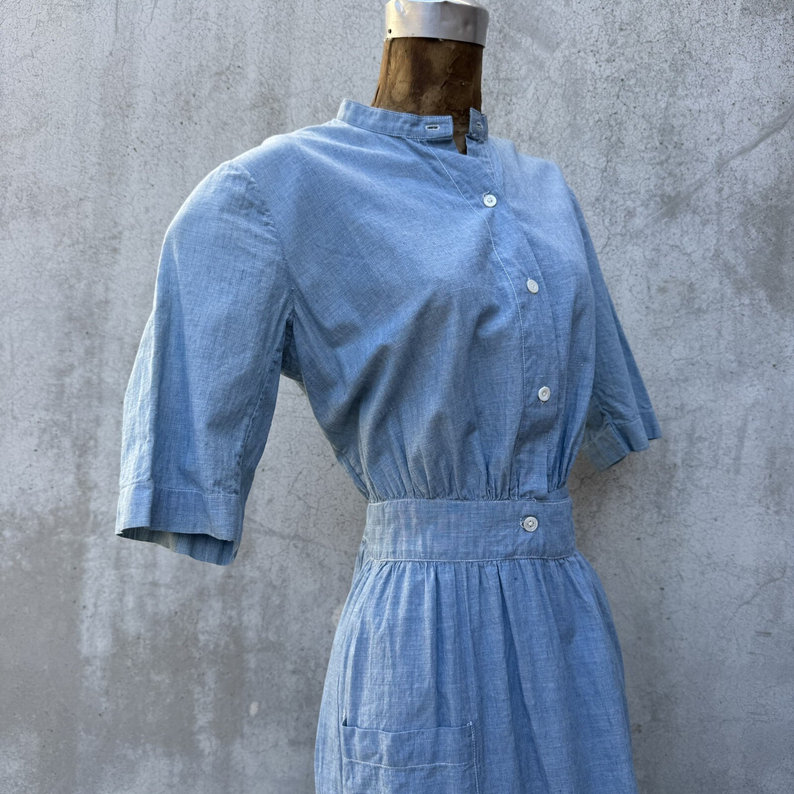 Antique Edwardian Blue Chambray Cotton Dress Workwear Prairie Maxi Vintage