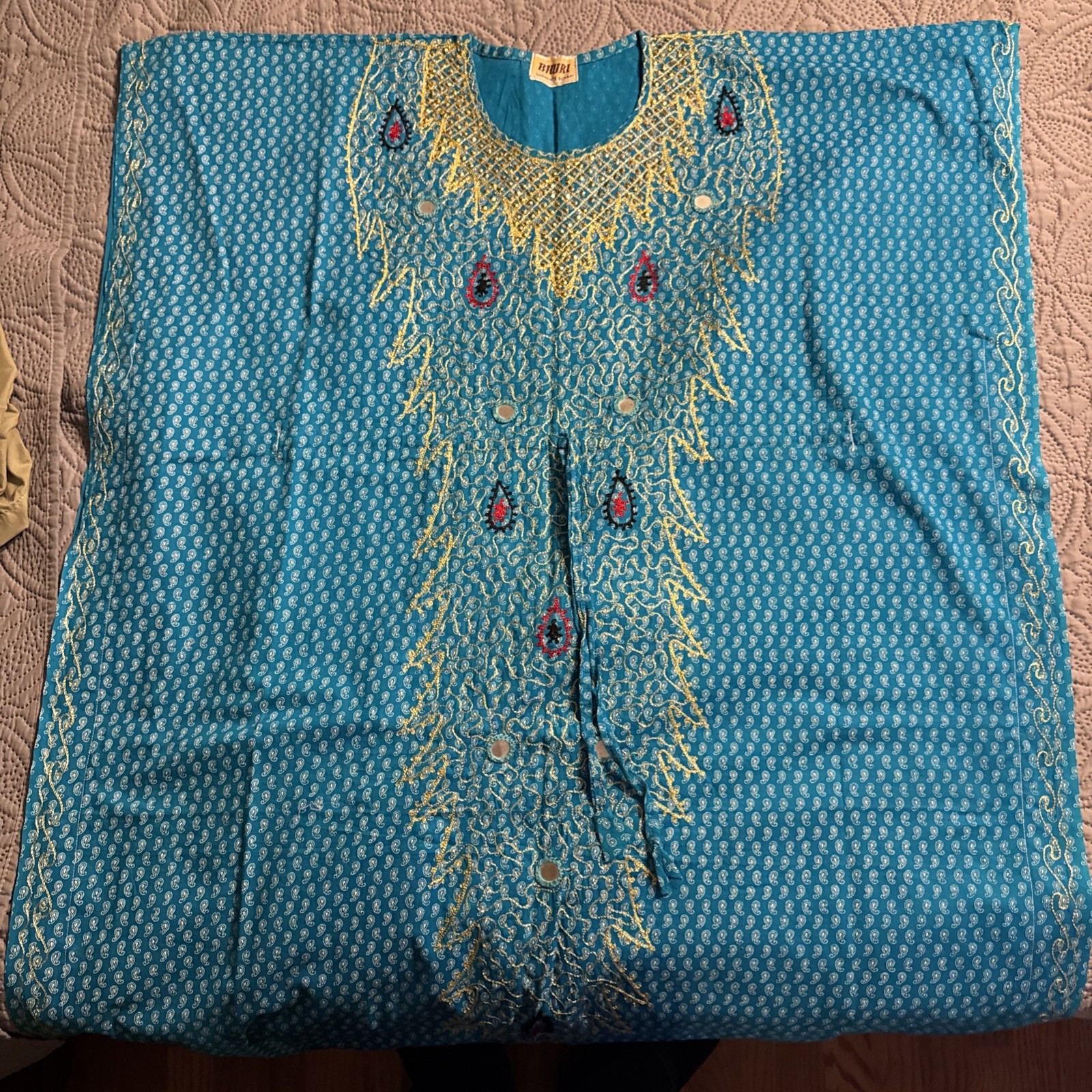 S2 VTG Bhuri Garments Bombay Kaftan Long Drawstring Dress blue and gold