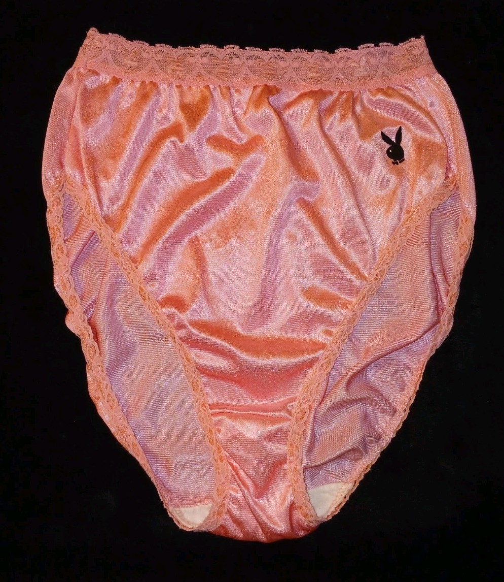Vintage 90s PLAYBOY Pink Satin Nylon Lace Bunny Logo Hi-Cut Glossy Panties S EUC
